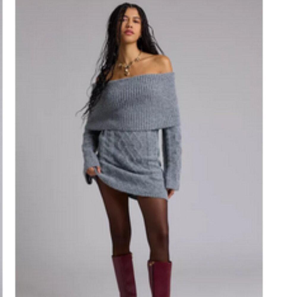 Glamorous Charcoal Marled Knit Off-The-Shoulder Sweater Mini Dress